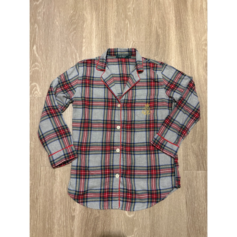 Lauren Ralph Lauren Flannel Pajama Top Plaid Embroidered Crest Grey S